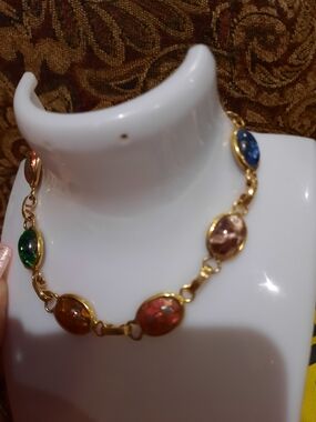 Vintage Gold Multicolor Scarab Link Bracelet W/safety Chain 🇪🇬 7.25"